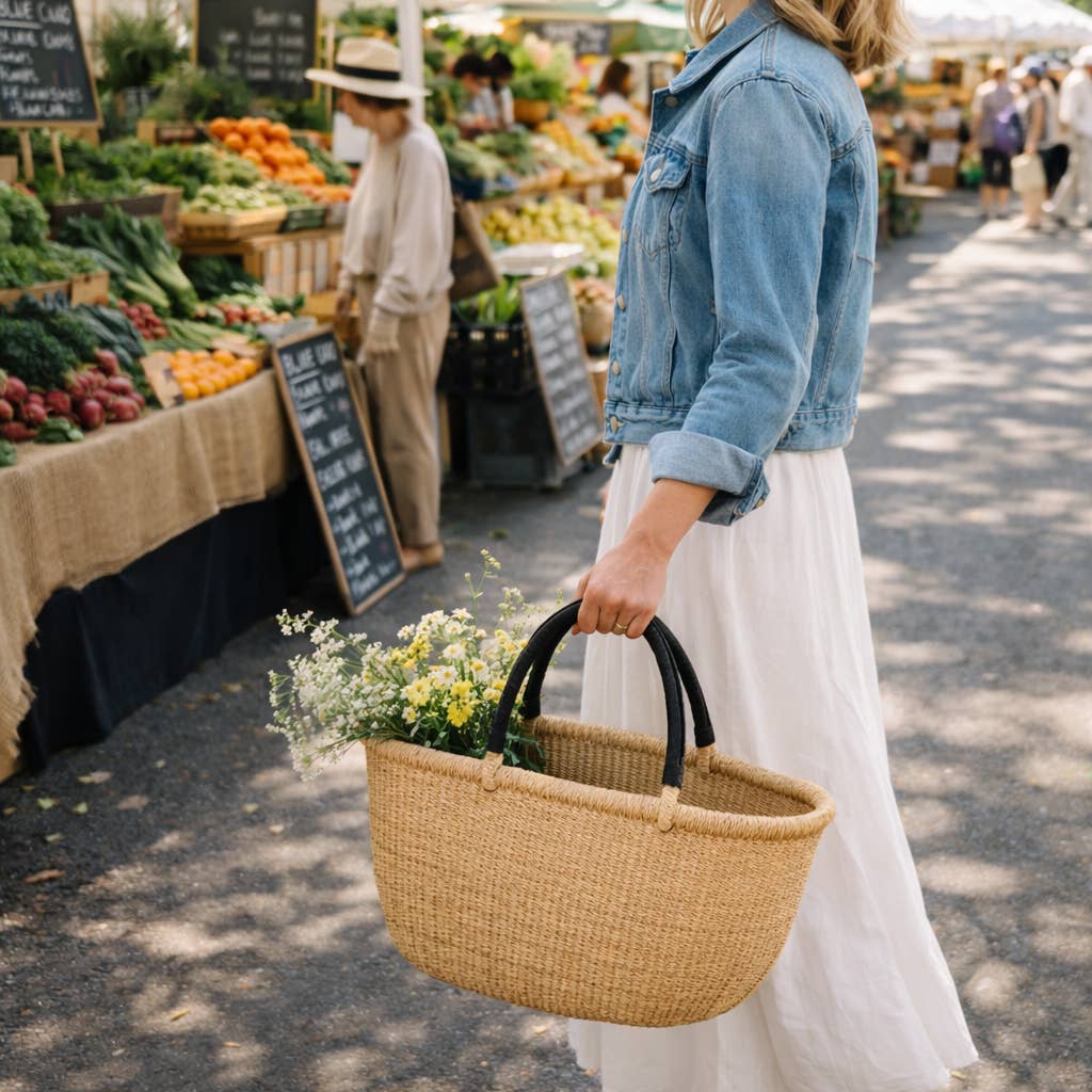Oval Garden Basket / Black Leather