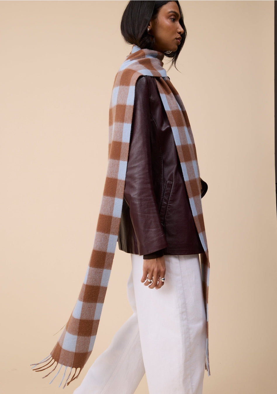 Lambswool Skinny Scarf in Blue + Brown Gingham