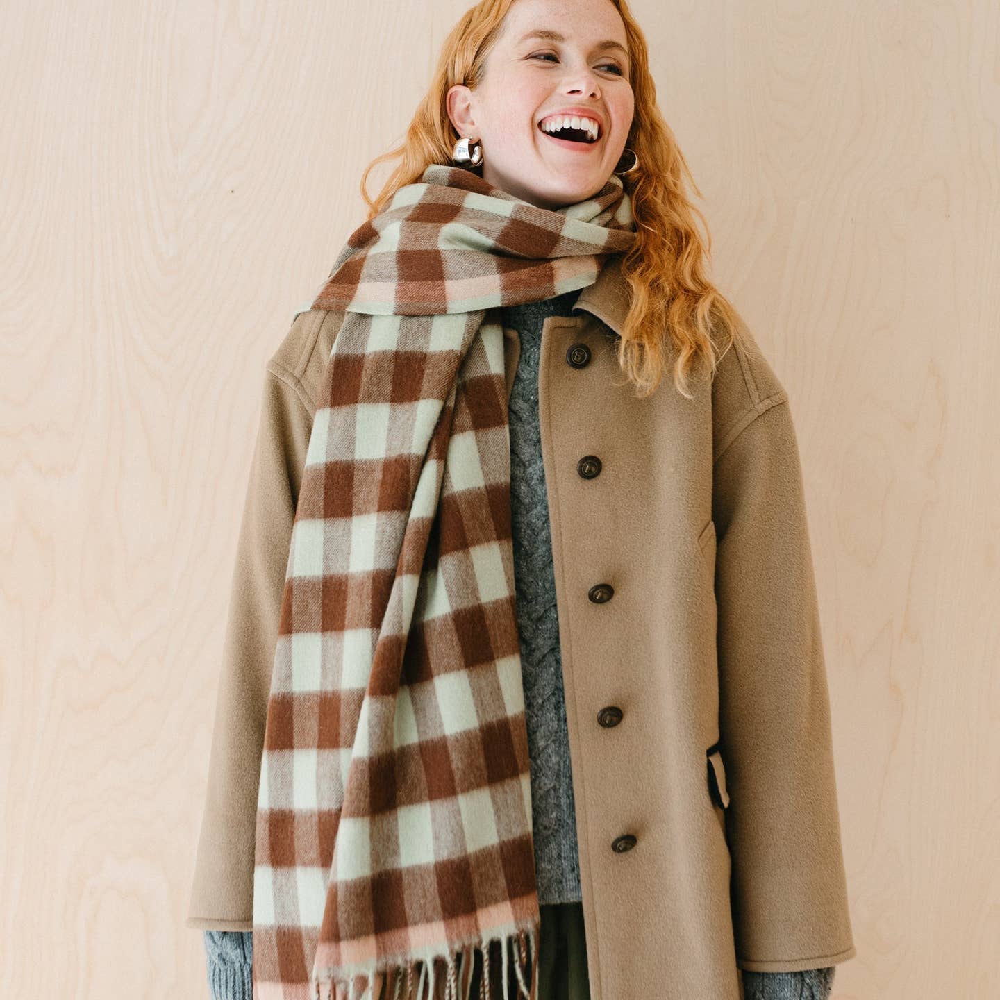 Lambswool Blanket Scarf in Green Gingham