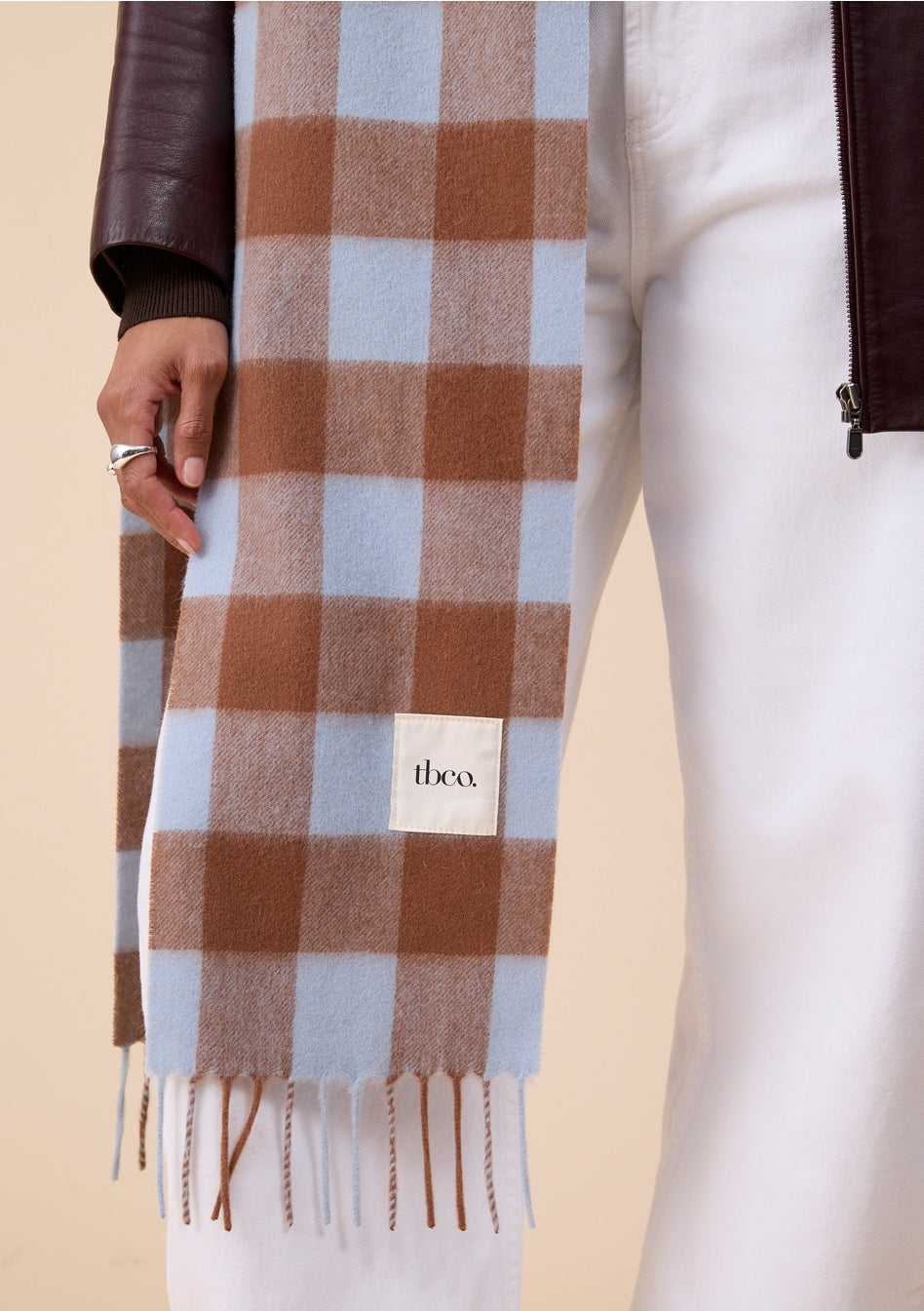 Lambswool Skinny Scarf in Blue + Brown Gingham